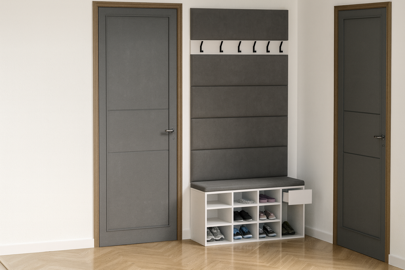Zestaw Przedpokój LEO Szafka na Buty z Siedziskiem, Tapicerowane Panele i Wieszak - obrazek 14