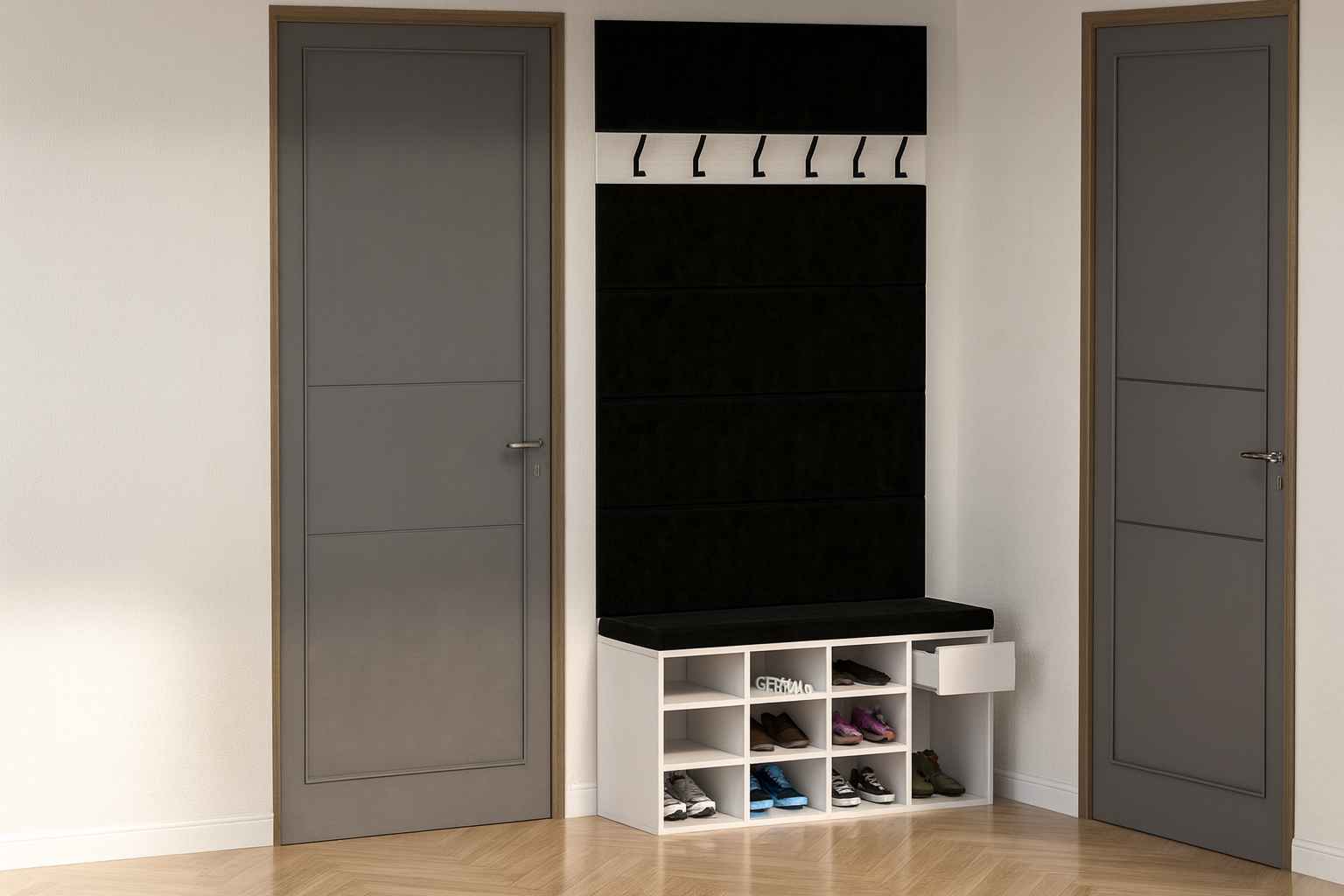 Zestaw Przedpokój LEO Szafka na Buty z Siedziskiem, Tapicerowane Panele i Wieszak - obrazek 12