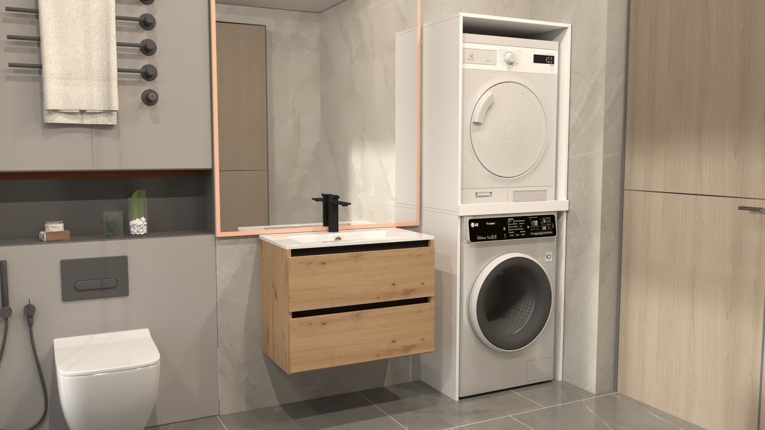 Szafka na Pralkę i Suszarkę do Łazienki - Regał Słupek Biały z Półkami do Pralni - obrazek 8