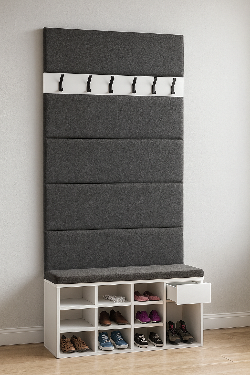 Zestaw Przedpokój LEO Szafka na Buty z Siedziskiem, Tapicerowane Panele i Wieszak - obrazek 6
