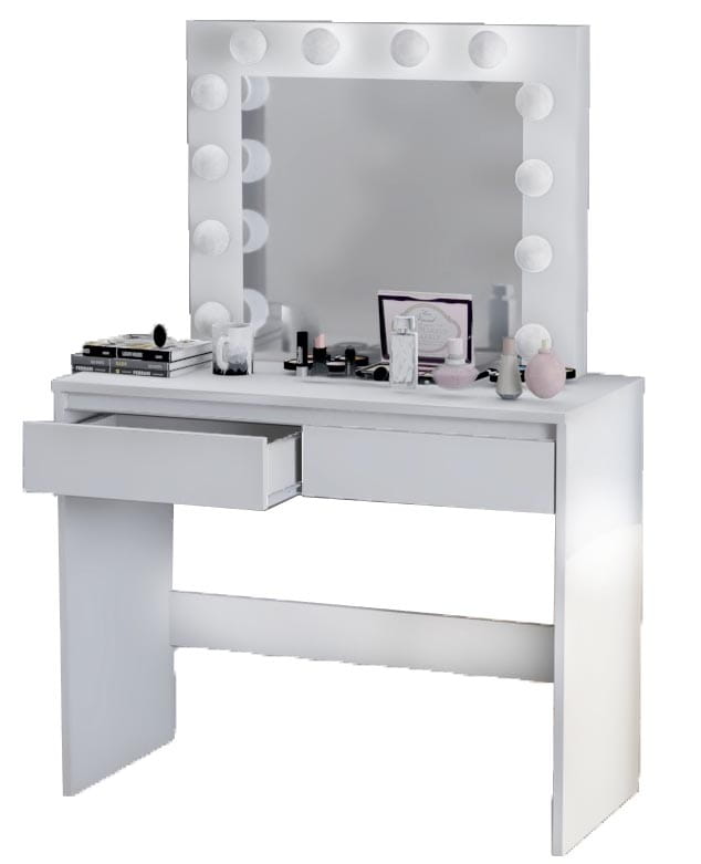 TOALETKA DO MAKIJAŻU Z LUSTREM OŚWIETLENIEM LED SZUFLADY TABORET ZESTAW - obrazek 2