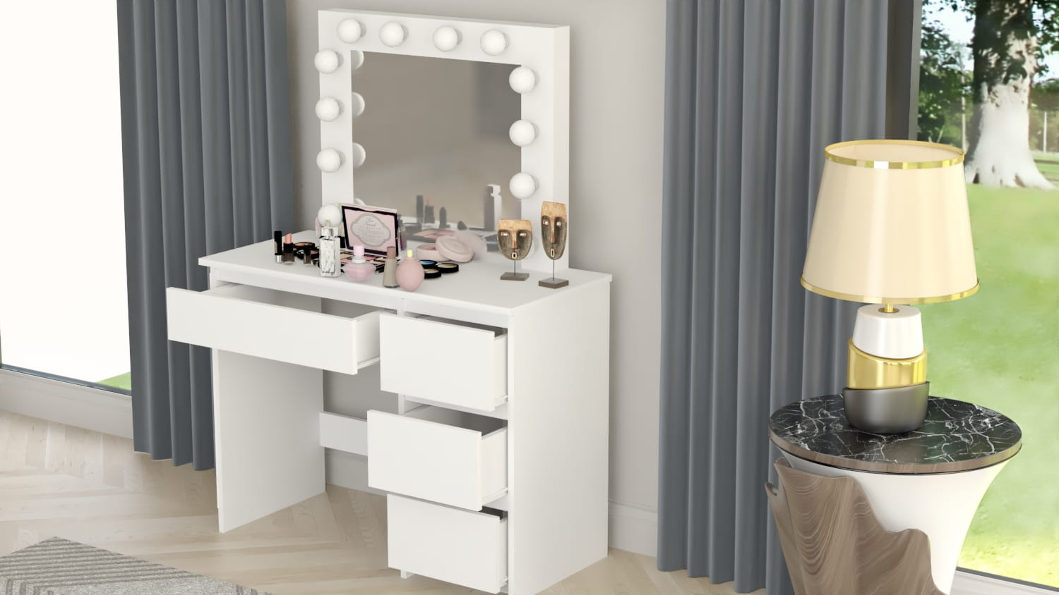 TOALETKA kosmetyczna LUSTRO 12 LED TABORET tapicerowany CZARNY - obrazek 3