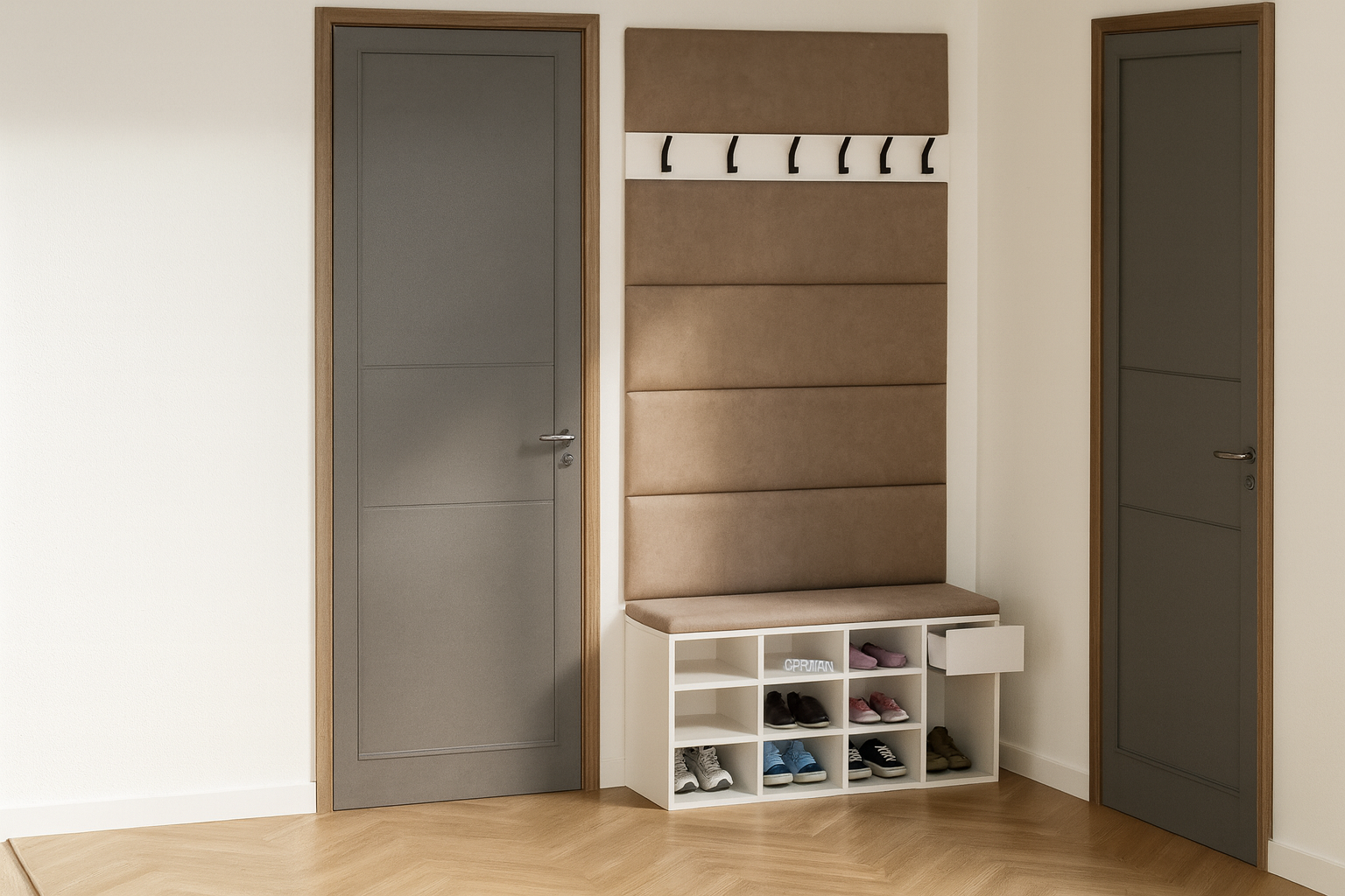 Zestaw Przedpokój LEO Szafka na Buty z Siedziskiem, Tapicerowane Panele i Wieszak - obrazek 10
