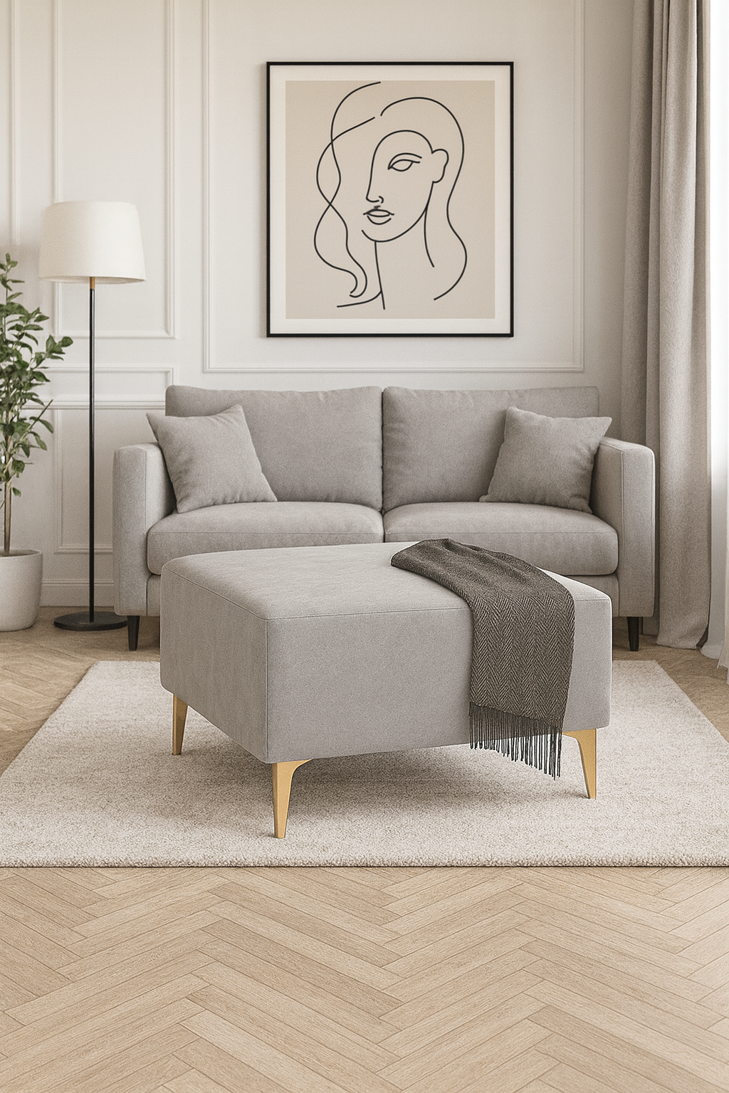 Pufa kwadratowa QUADRE 60×60 – tapicerowana nowoczesny podnóżek do salonu na złotych nogach, polska produkcja WELUR SZARY - obrazek 2