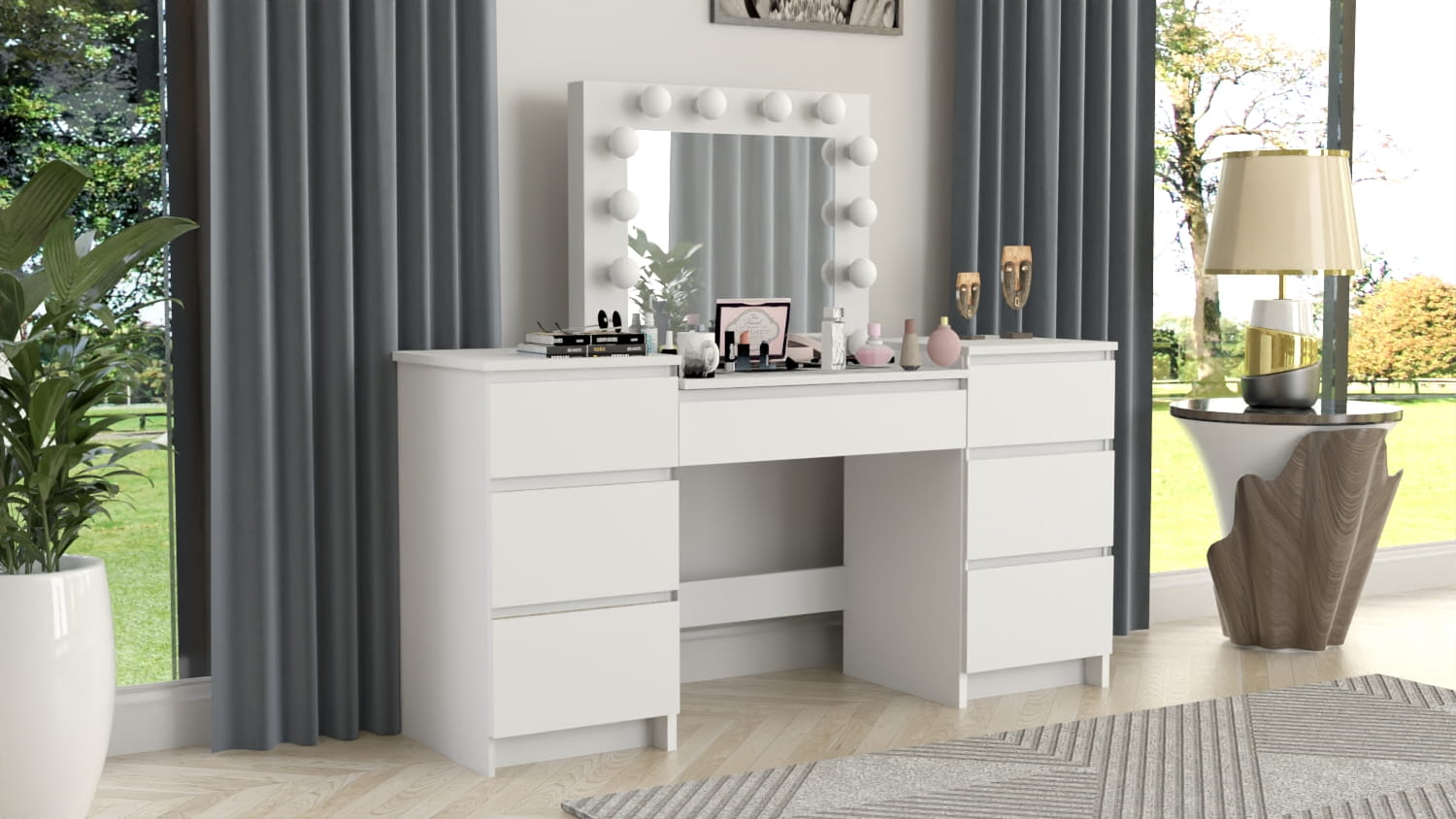 TOALETKA kosmetyczna BIAŁA z lustrem 12 LED wizaż BETI8 TABORET tapicerowany - obrazek 8