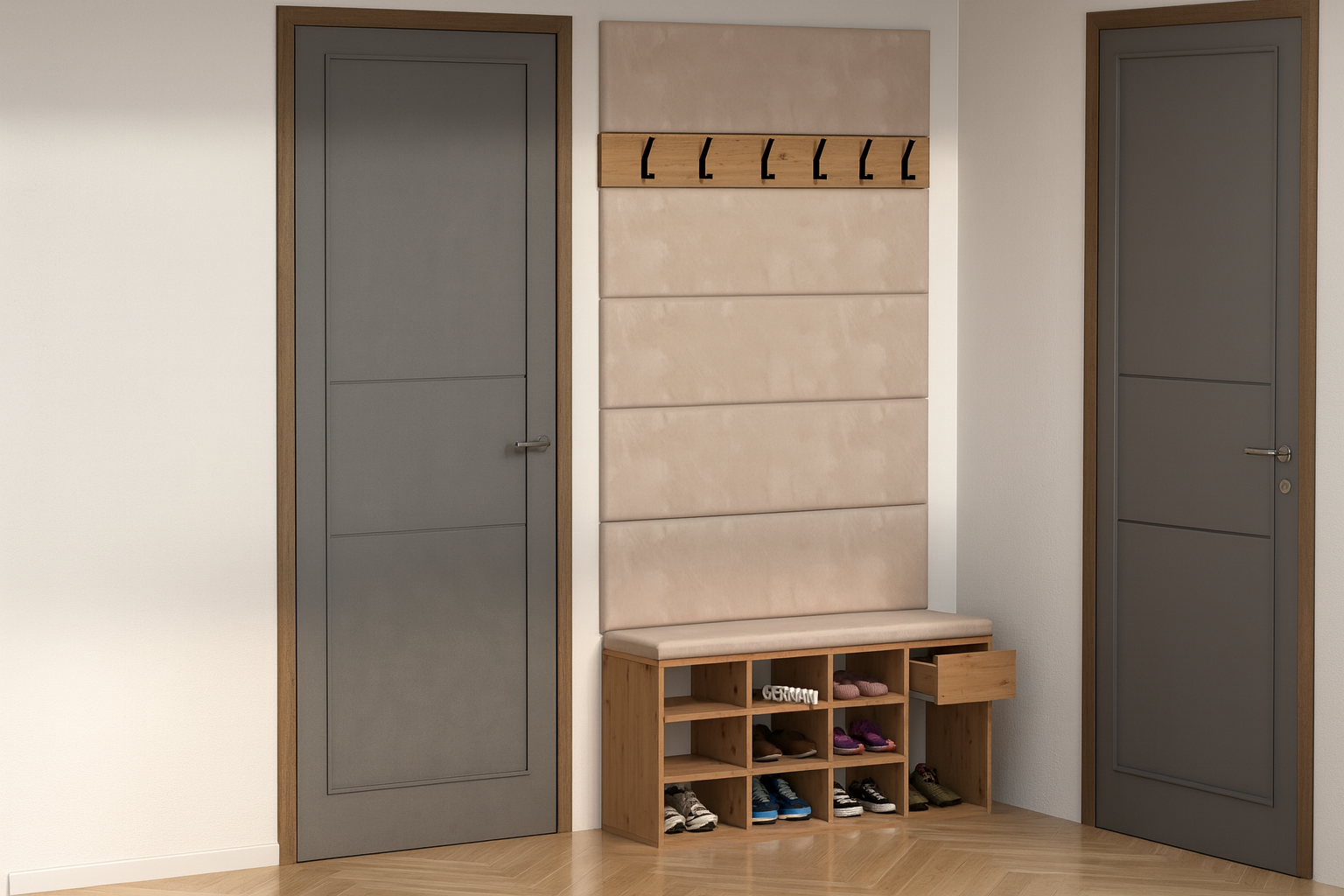 Zestaw Przedpokój LEO Szafka na Buty z Siedziskiem, Tapicerowane Panele i Wieszak - obrazek 8