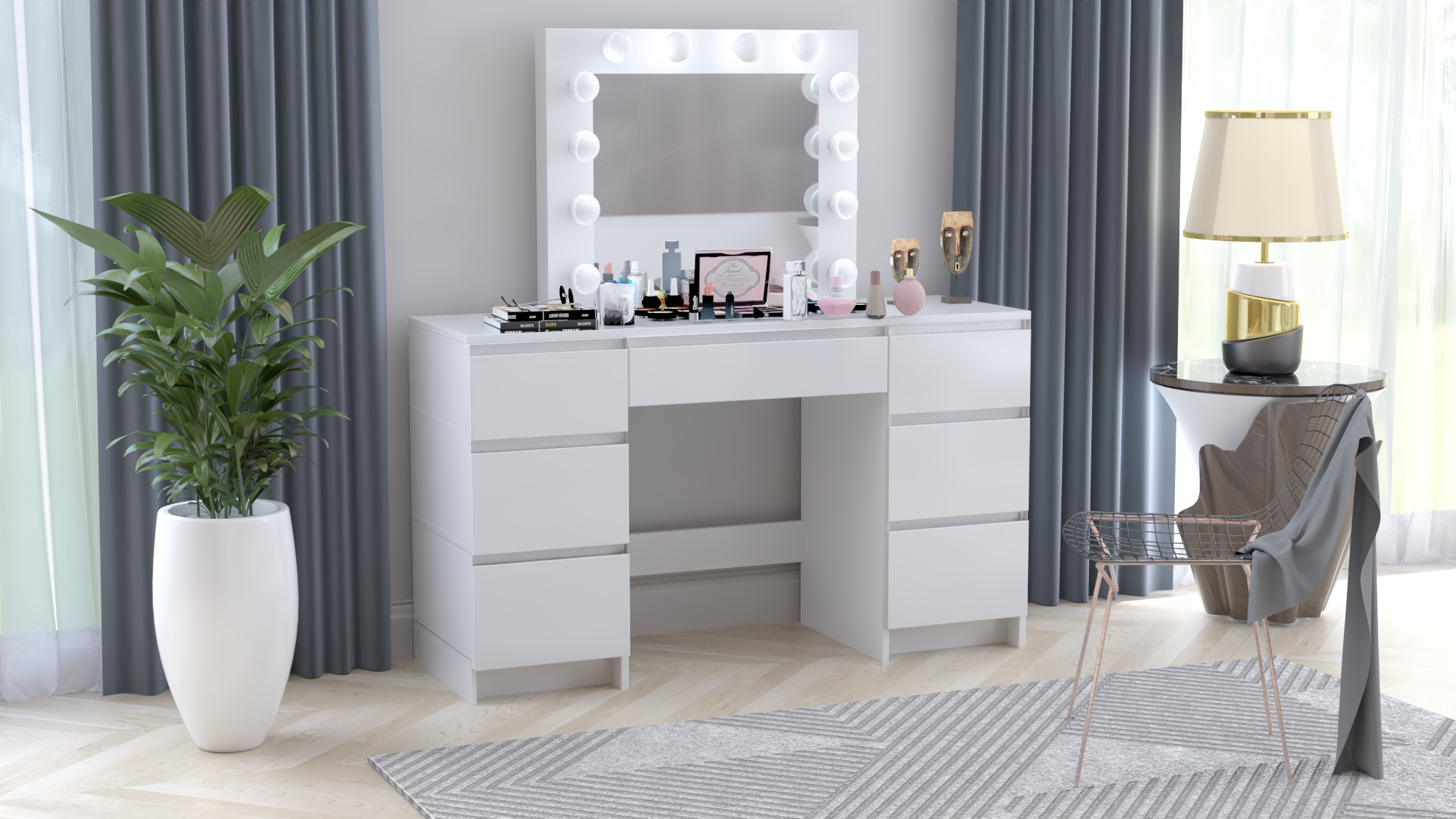 TOALETKA kosmetyczna BIAŁA z lustrem 12 LED BETI7 TABORET - obrazek 7