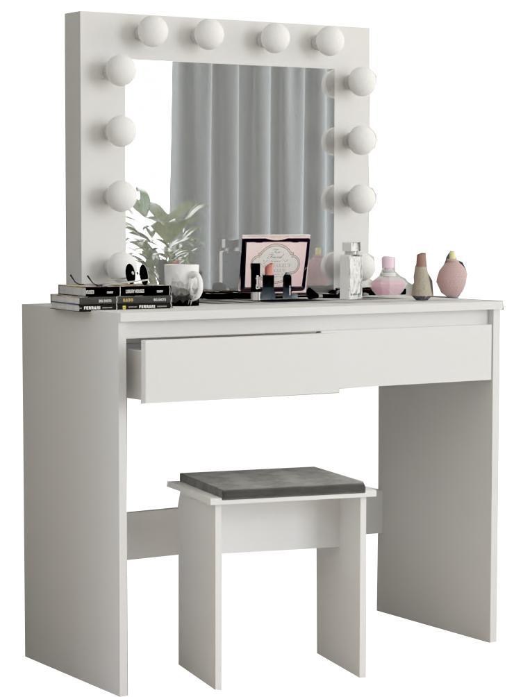 TOALETKA DO MAKIJAŻU Z LUSTREM OŚWIETLENIEM LED SZUFLADY TABORET ZESTAW