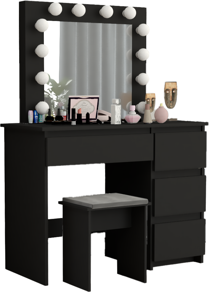 TOALETKA kosmetyczna LUSTRO 12 LED TABORET tapicerowany CZARNY