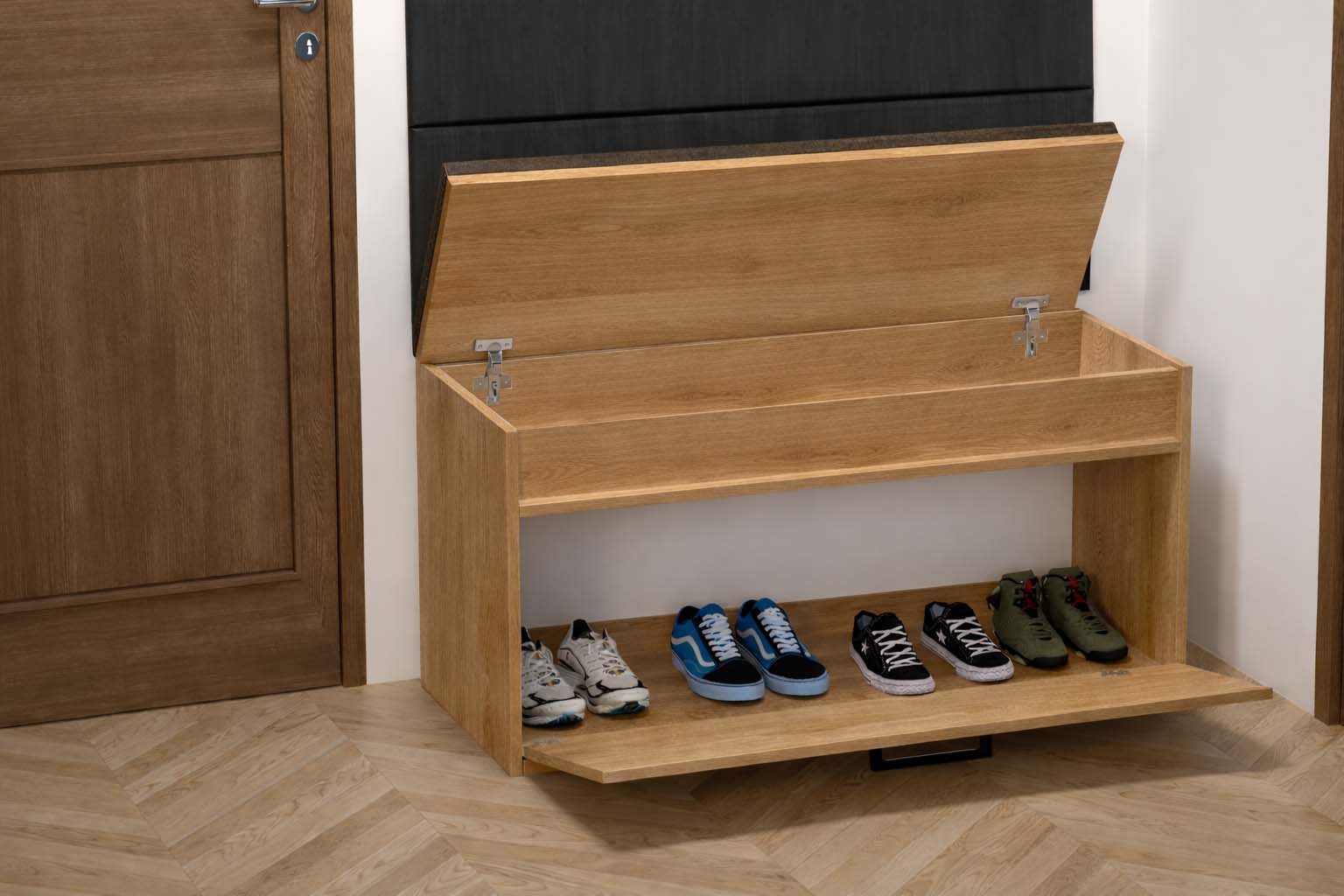 Zestaw Przedpokój IGO Szafka na Buty z Siedziskiem, Tapicerowane Panele i Wieszak Dąb Craft - obrazek 18