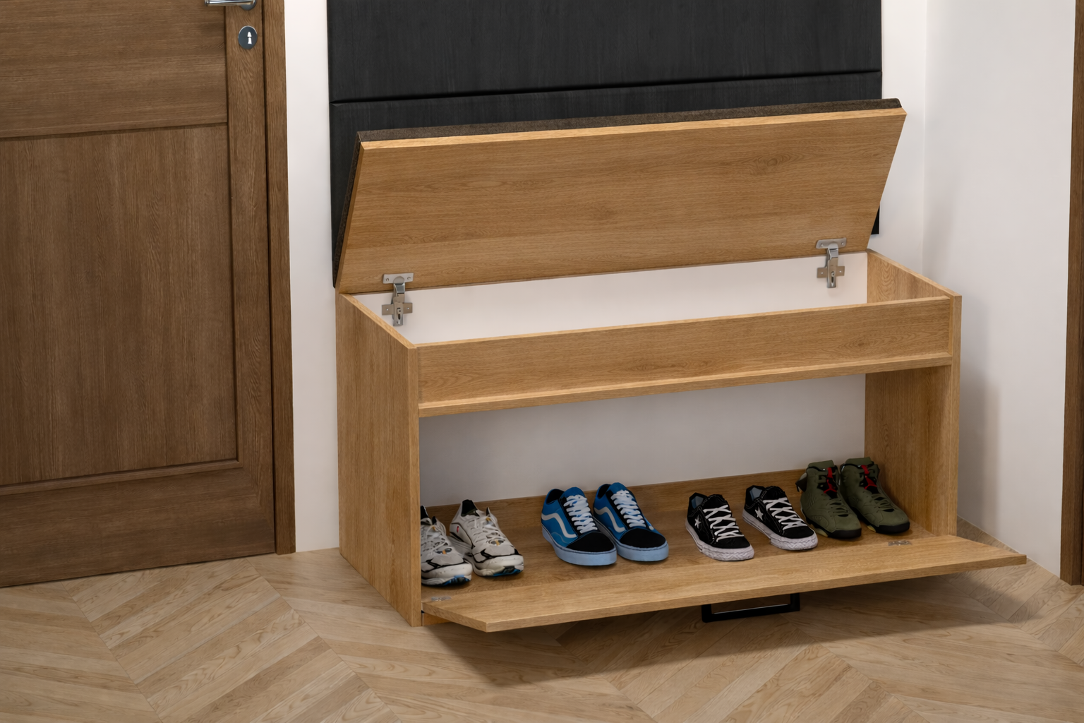 Zestaw Przedpokój IGO Szafka na Buty z Siedziskiem, Tapicerowane Panele i Wieszak Dąb Craft - obrazek 3